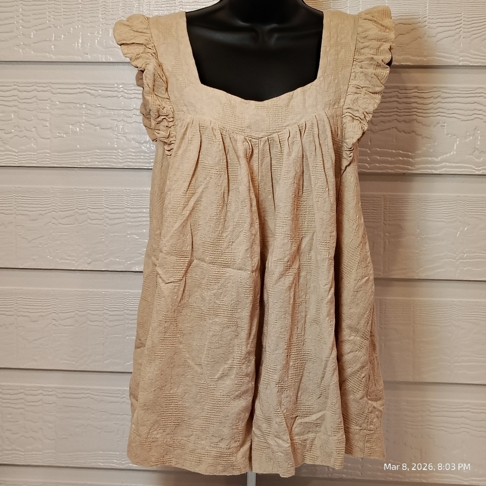 MUSTARD SEED ROMPER WOMENS SMALL TAN RUFFLE SLEEVE LINED 100% COTTON COTTAGECORE